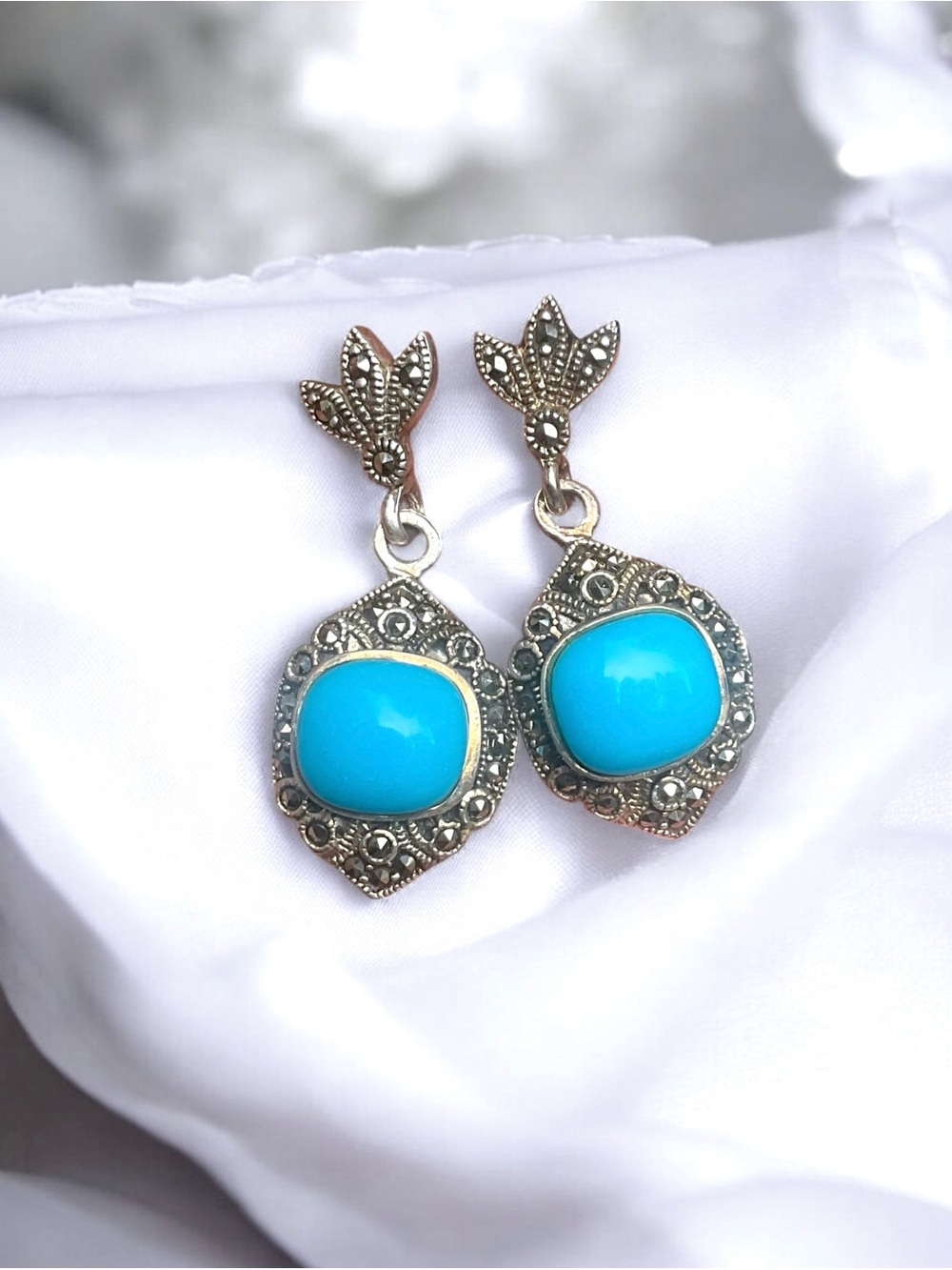 🌺Vintage Sterling Turquoise & Marcasite Earrings